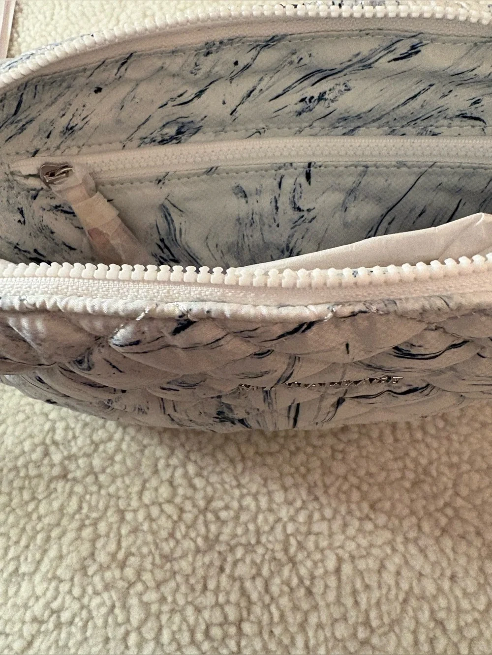MZ Wallace White Quilted Cosmetic Pouch with Navy Brushstroke Accents -
